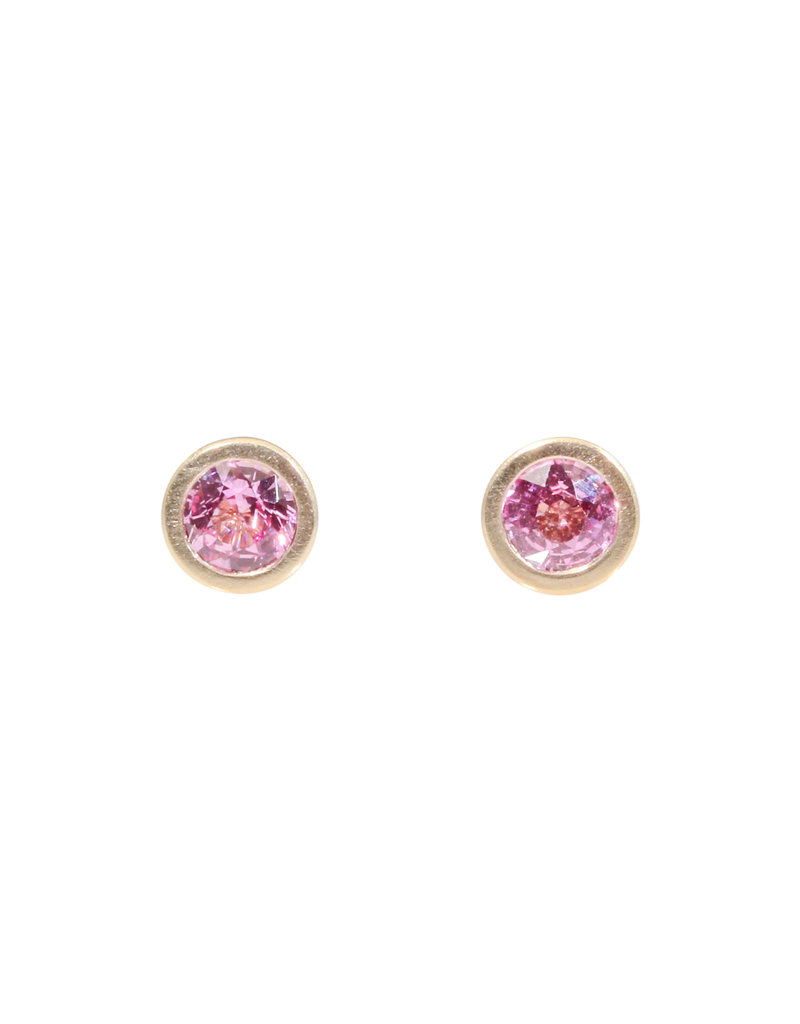 Basket Post Earrings with Pink Sapphires in 14k Yellow Gold