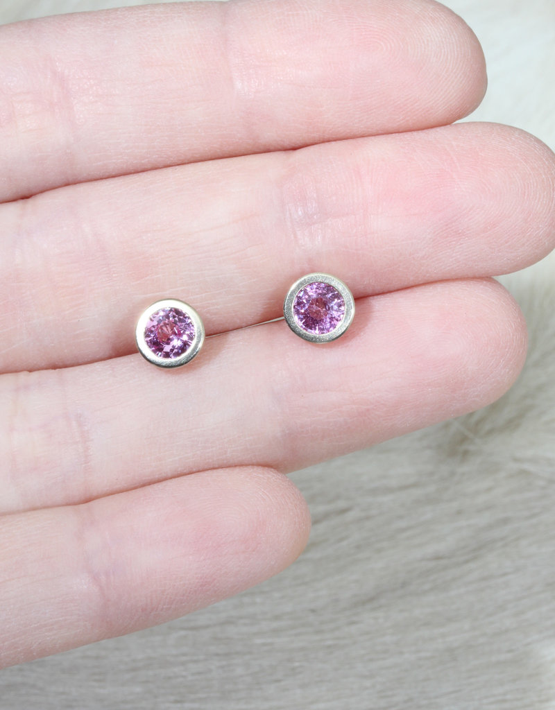 Basket Post Earrings with Pink Sapphires in 14k Yellow Gold