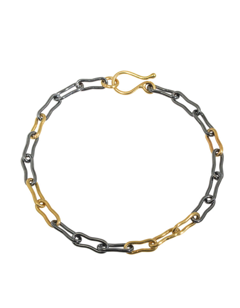 Bone Link Bracelet in Oxidized Silver with  7 18K Royal Yellow Gold Links & 18k Gold Clasp