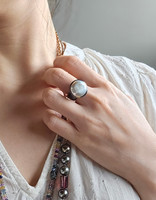 Olivia Shih Puddle Pearl Ring in Oxidized Silver and 18k Yellow Gold