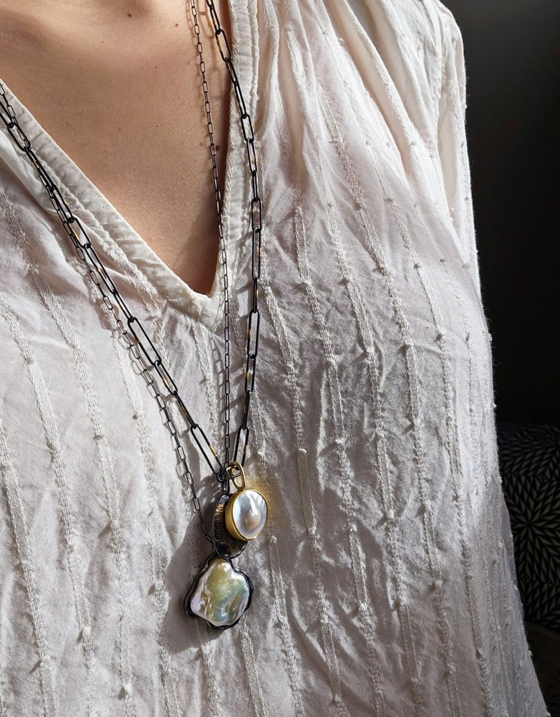 Olivia Shih Cloud Pearl Necklace in Oxidized Silver and 18k Yellow Gold