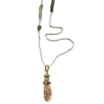 Fossil Coral Pendant with Seed Pearls, Green Garnet and Tourmaline Beads in Yellow Bronze