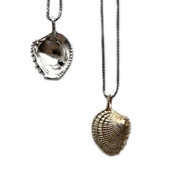 Shell Pendant in 10k Yellow Gold with Sterling Silver Black Rhodium-Plated Wheat Chain