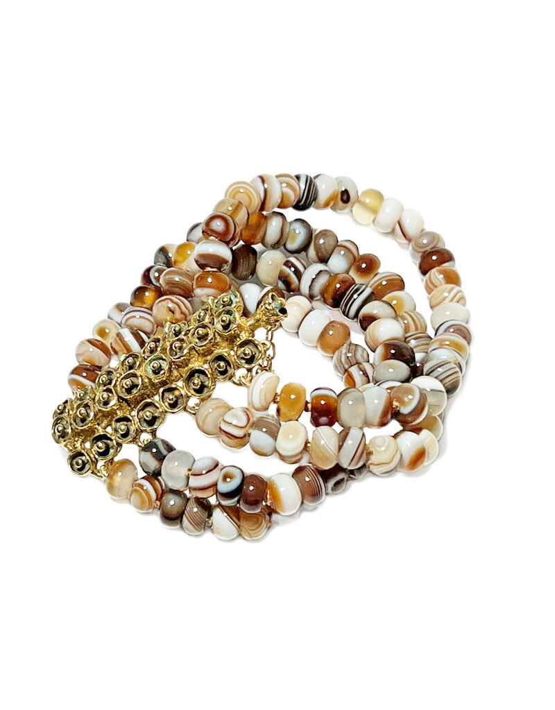 Mosaic Hinge Clasp Bracelet with Banded Agate Beads in Yellow Bronze