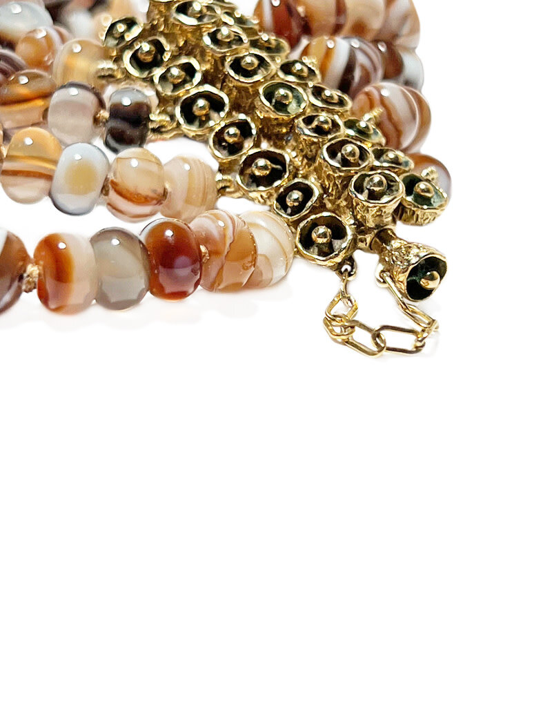 Mosaic Hinge Clasp Bracelet with Banded Agate Beads in Yellow Bronze