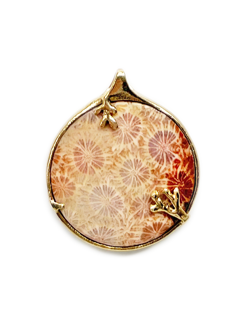 Large Round Fossil Coral Pendant in Yellow Bronze