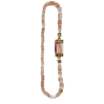 Phantom Lodolite Quartz Necklace with Copper Rutilated Quartz Beads, Brutalist Clasp in Yellow Bronze