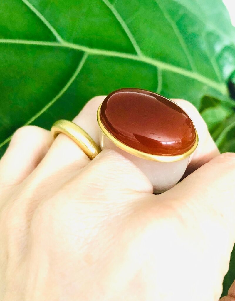 Tracy Conkle 18k Gold Carnelian White Jade  Ring