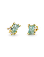 Raw Emerald and Diamond Encrusted Post Earrings in 18k Gold