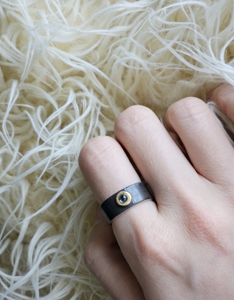 Big Sur Goldsmiths Blue Sapphire 8mm Band in Oxidized Silver & 22k Yellow Gold