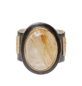 Big Sur Goldsmiths Golden Rutilated Quartz and Diamond Ring with Oxidized Silver and 22k Yellow Gold
