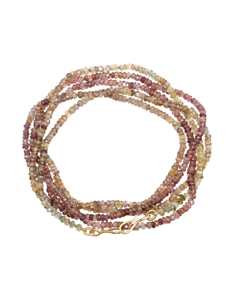 Olive & Mauve Long Beaded Necklace with Sapphires, Spinels & 18k Gold Clasp