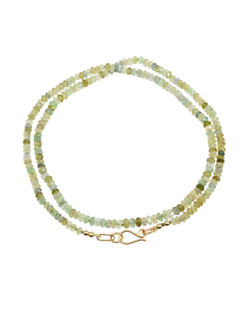 Spring Green Beaded Necklace with Sapphires, Garnets & 18k Gold Clasp