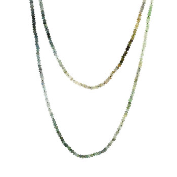 Teal & Olive Long Beaded Necklace with Sapphires, Tourmalines & 20k Gold Clasp