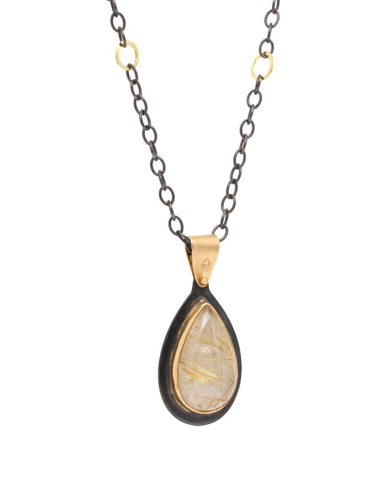 Big Sur Goldsmiths Pear shaped Golden Rutilated Quartz Pendant with Chain in 22k Yellow Gold, Oxidized Silver &18k Yellow Gold Bail