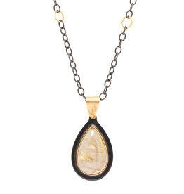 Big Sur Goldsmiths Pear shaped Golden Rutilated Quartz Pendant with Chain in 22k Yellow Gold, Oxidized Silver &18k Yellow Gold Bail