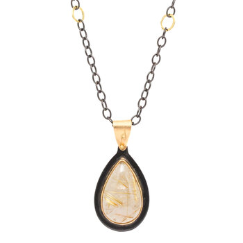 Big Sur Goldsmiths Pear shaped Golden Rutilated Quartz Pendant with Chain in 22k Yellow Gold, Oxidized Silver &18k Yellow Gold Bail