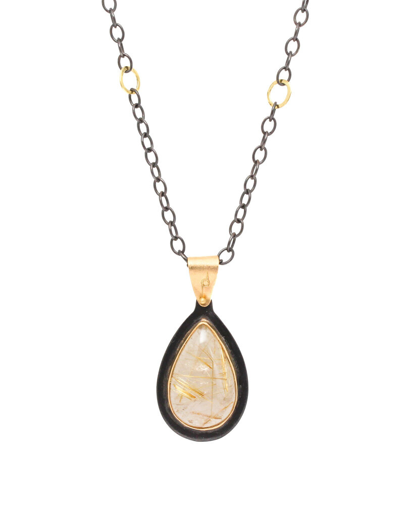 Big Sur Goldsmiths Pear shaped Golden Rutilated Quartz Pendant with Chain in 22k Yellow Gold, Oxidized Silver &18k Yellow Gold Bail