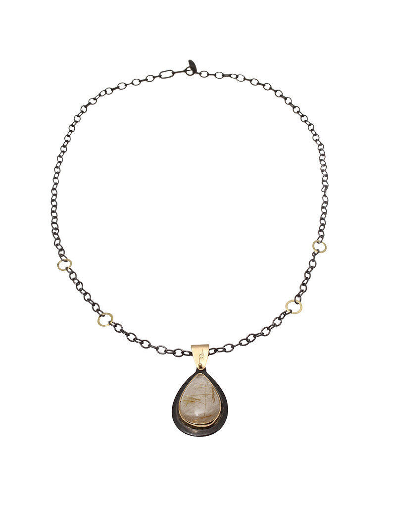 Big Sur Goldsmiths Pear shaped Golden Rutilated Quartz Pendant with Chain in 22k Yellow Gold, Oxidized Silver &18k Yellow Gold Bail