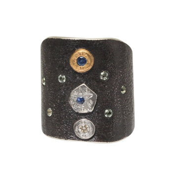 Big Sur Goldsmiths Shield Ring with Platinum Setting and Star, Blue Sapphires, Champagne Diamonds in in Oxidized Silver & 22k Yellow Gold