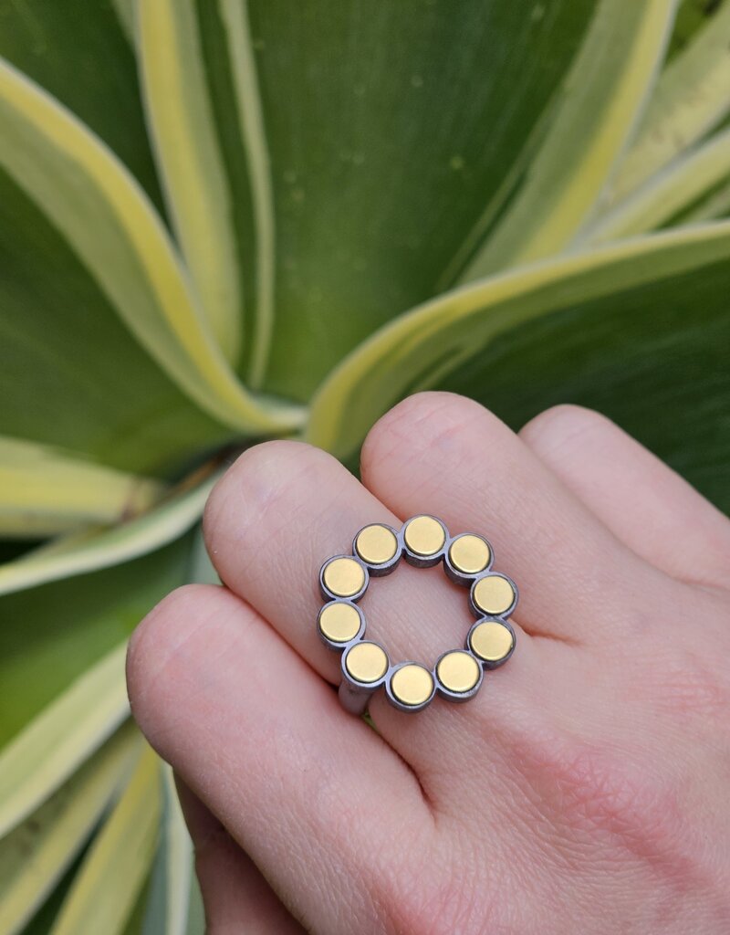 Open Gold Circle Dot Ring in Oxidized Silver and 22k Bi-Metal