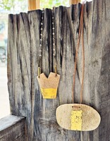 Large Oval Antler Slice Pendant with Gold leaf on Leather Cord