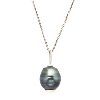 Tahitian Pearl Pendant with Brushed Silver Bottom Cap and Bail