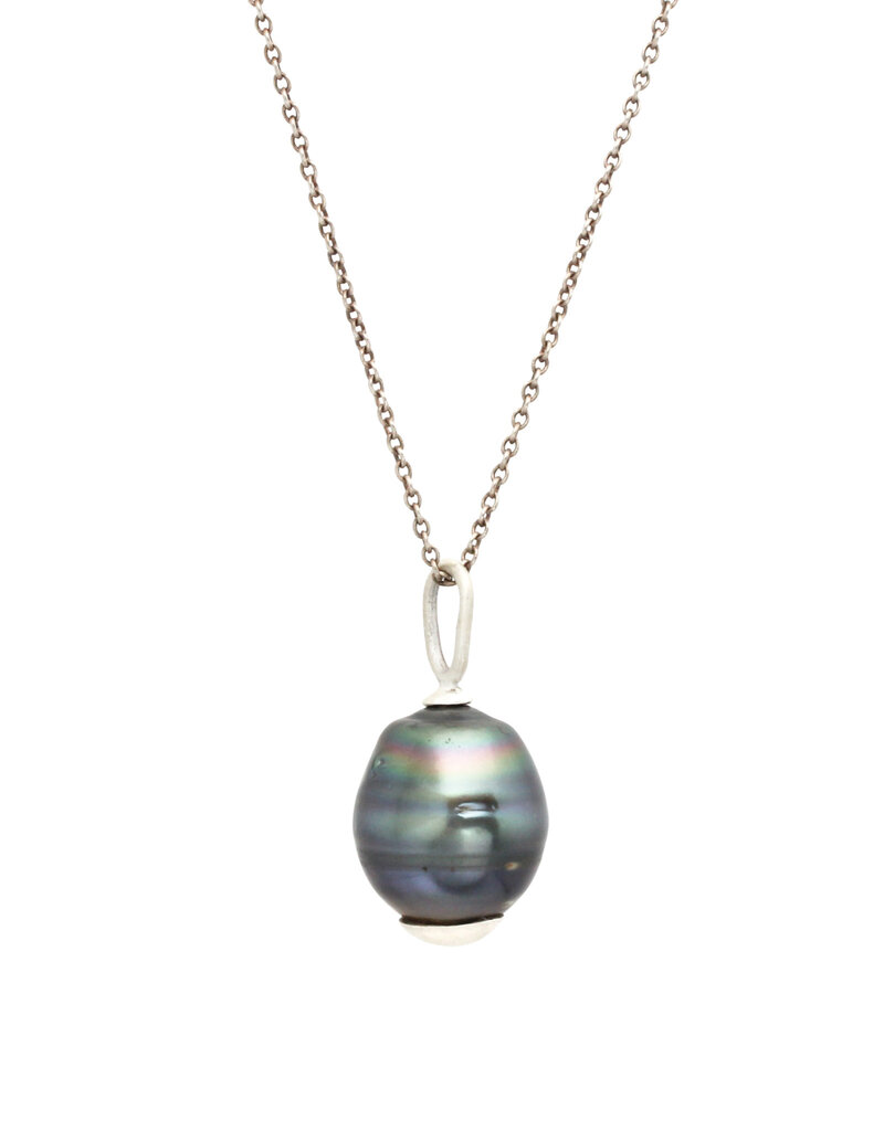 Tahitian Pearl Pendant with Brushed Silver Bottom Cap and Bail