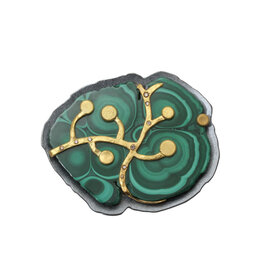 Malachite Brooch in Oxidized Silver and 22k Gold with Cognac Diamonds