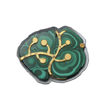 Malachite Brooch in Oxidized Silver and 22k Gold with Cognac Diamonds