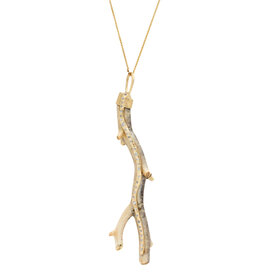 Fossilized Coral Branch Pendant in 18k Gold with 34 Grey Diamonds
