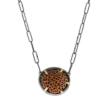 Round Coral Pendant Set in Oxidized Silver Bowl with Handmade Chain and 18k Gold