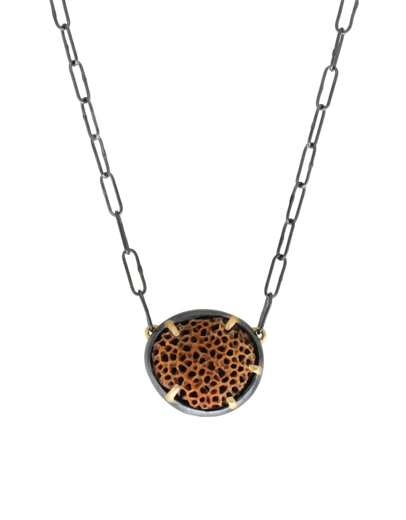 Round Coral Pendant Set in Oxidized Silver Bowl with Handmade Chain and 18k Gold