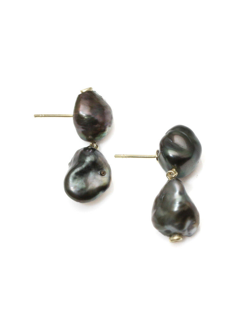 Double Keshi Pearl Post Drop Earrings in 14k Green Gold