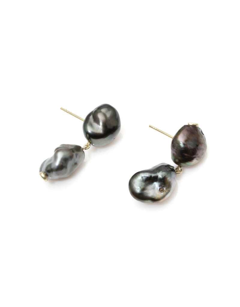 Double Keshi Pearl Post Drop Earrings in 14k Green Gold