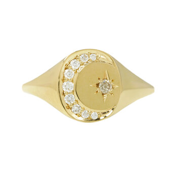 Wendy Wagner Light of the Moon Signet in 14k Yellow Gold with White Diamonds