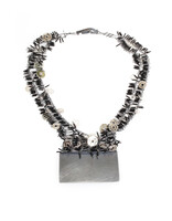 Necklace with Black Vintage Glass, Oxidized Silver & Mica