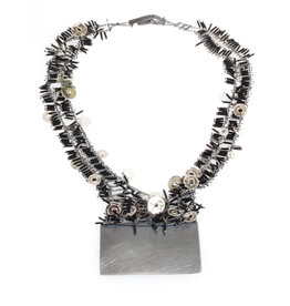 Necklace with Black vintage glass, Oxidized Silver & Mica
