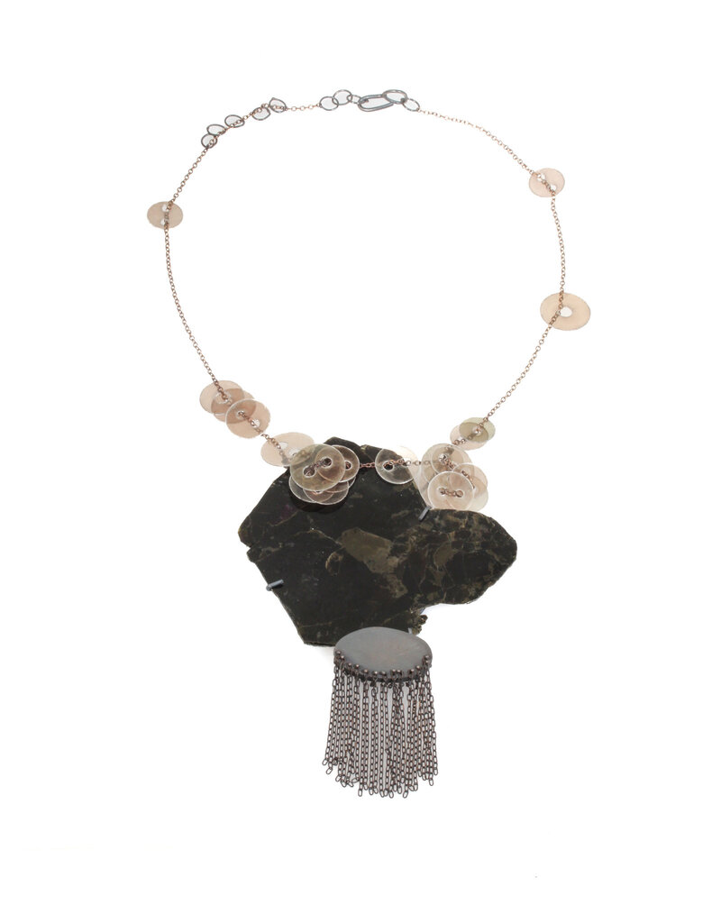 Necklace with Mica sheet, Oxidized Silver, Mica Discs & Bronze