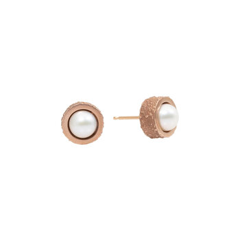 White Pearl Post Earrings with Sand Texture in 14k Rose Gold