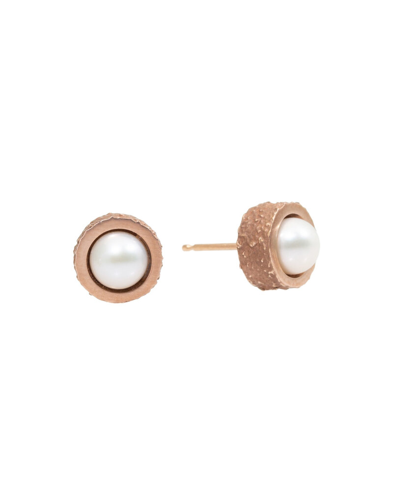 White Pearl Post Earrings with Sand Texture in 14k Rose Gold