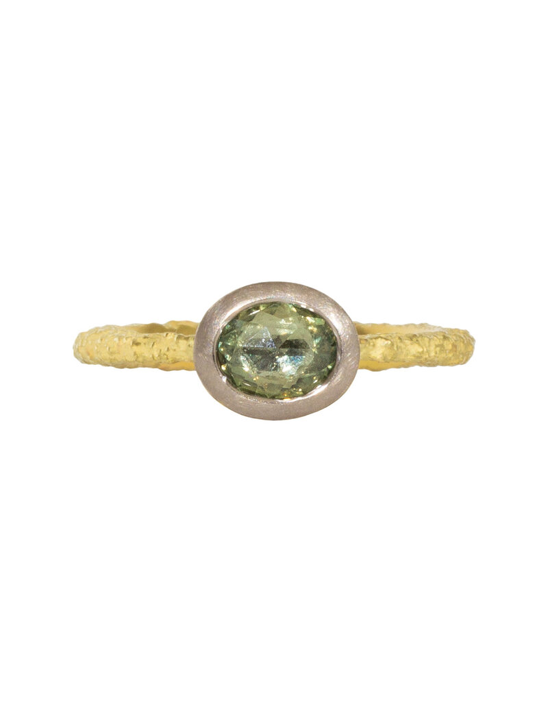 Oval Green Sapphire Solitaire Ring in Sand-Textured 18k Yellow Gold with 14k Palladium White Gold
