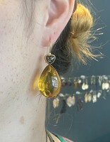 Amber Drop Earrings with Black Rose Cut Diamonds in 22k and18k Yellow Gold