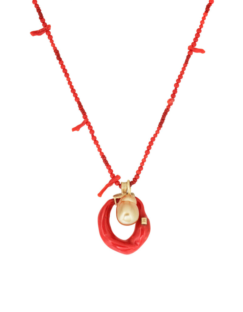 Coral Stick and Bead Necklace with Coral Ring an Golden Pearl Pendants in 18k Gold