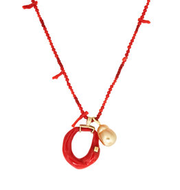 Coral Stick and Bead Necklace with Coral Ring an Golden Pearl Pendants in 18k Gold