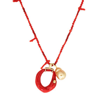 Coral Stick and Bead Necklace with Coral Ring an Golden Pearl Pendants in 18k Gold