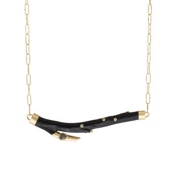 Black Coral Branch Necklace in 18k Gold with Handmade Chain and Rough Diamond