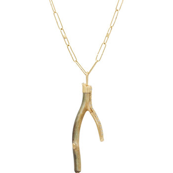 Wishbone Shaped Fossilized Coral Branch Pendant with 15 Grey Diamonds in 18k Gold