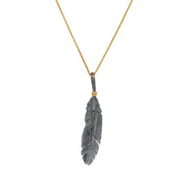 Small Oxidized Silver Feather Pendant with 18k Gold Tie
