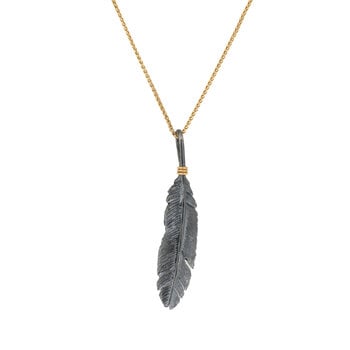 Small Oxidized Silver Feather Pendant with 18k Gold Tie